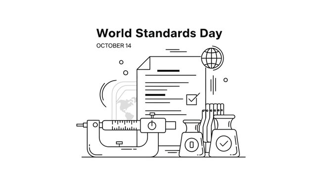 A line art illustration representing World Standards Day featuring measurement tools and documentation.