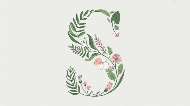 Floral letter S with green leaves and pink flowers on beige background