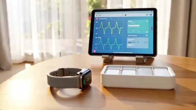 Remote healthcare and senior home care concept with smart watch and health dashboard tablet 4k