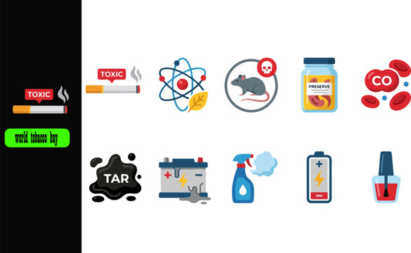 toxic cigarette smoke harmful chemicals tar carbon monoxide environmental pollution icons