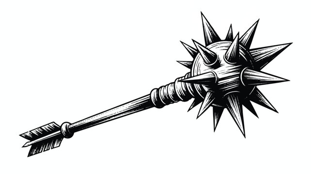 spiky iron medieval flail weapon with long handle and sharp spikes
