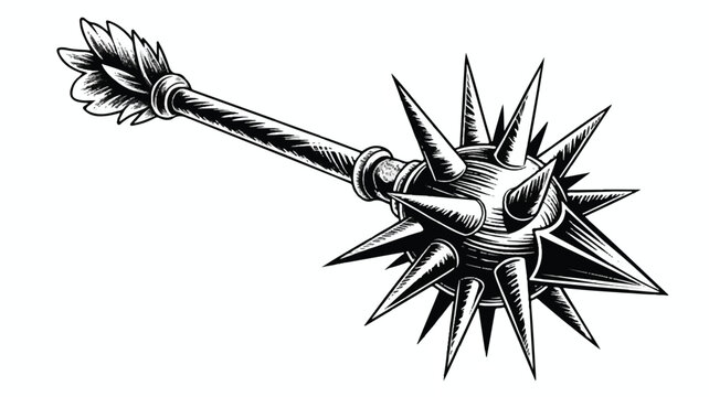 spiky medieval flail weapon with long handle and metal spikes