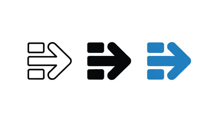 Obraz premium Three different right arrow icons in black blue and white on white background