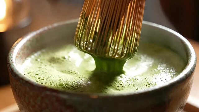 Close Up Matcha Whisking With Steam Rising in Warm Light