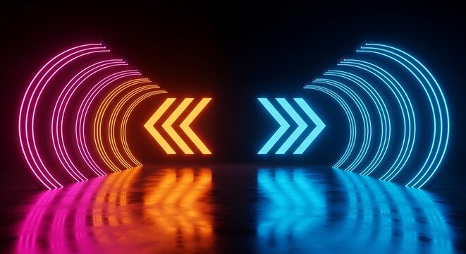Vibrant neon arrows pointing in opposite directions with colorful reflections on a dark background with glowing lines