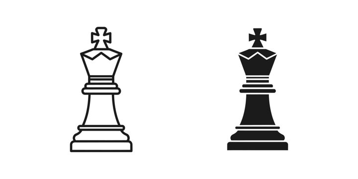 Chess king piece icons in linear and solid black graphic design with strategy checkmate competition