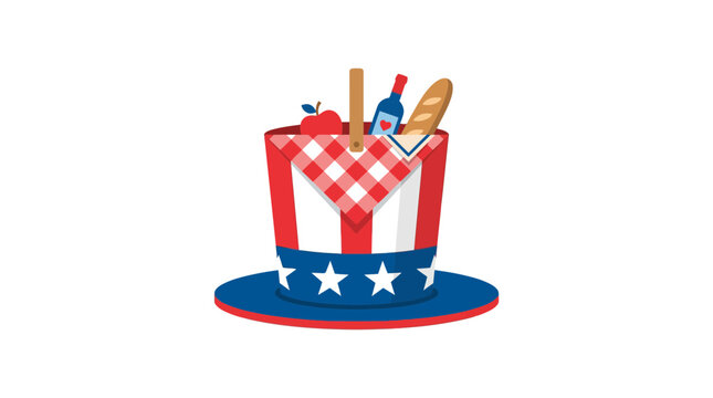Patriotic Picnic Basket Hat with Food and Wine, Americana Style