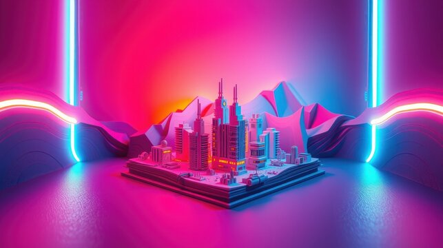 Futuristic cityscape model glows with vibrant neon lights. Mountains form backdrop, creating dramatic visual contrast. Minimalist design.