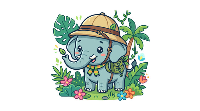 Cute cartoon elephant explorer in jungle, wearing safari hat and backpack