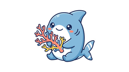 Obraz premium Cute Cartoon Shark Holding Coral - Vector Illustration