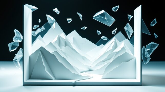 Abstract landscape within open book. Mountains, river, shattered glass fragments float above pages. Minimalist style, cool tones dominate composition.