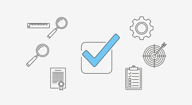 A collection of business and project management icons featuring a central blue checkmark.