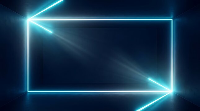 Glowing blue neon rectangle with light beams on dark background for futuristic or technological designs and presentations