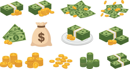 Set of money icons featuring stacks of cash green banknotes gold coins and a dollar sign money bag on white background for financial concepts © Faruk