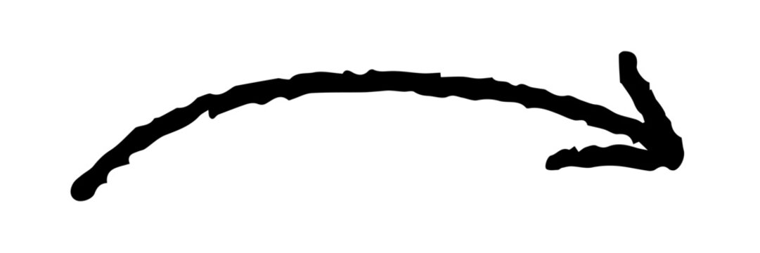 Long curved hand drawn arrow with rough texture. Hand drawn grunge scribble arrow, pointer, direction symbol vector element.