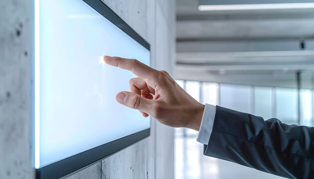 Businessman interacting with large digital touch screen interface.