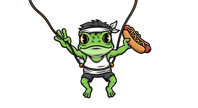 Playful cartoon frog character holding a hotdog on rope.