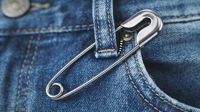 Blue denim jeans waist repaired with a metal safety pin