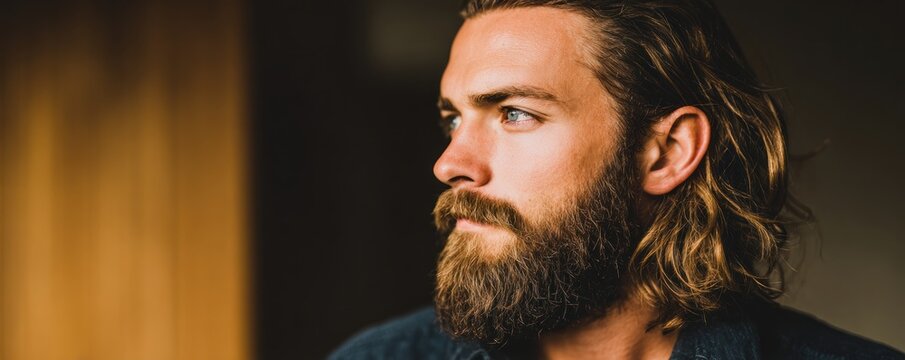 Portrait of Bearded Man With Long Hair Looking Away for Masculine Grooming Promotion and Modern Personal Care Branding in Contemporary Lifestyle Marketing