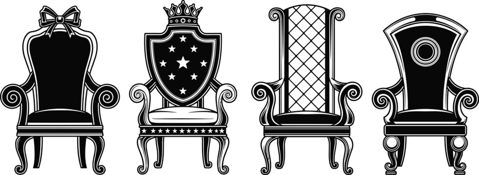 Elegant throne chair silhouettes showcasing royal luxury, ornate decorative designs, and majestic furniture styles for creative graphic projects