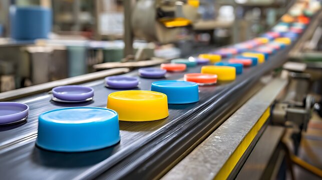 Colorful plastic bottle caps moving on a factory conveyor belt.