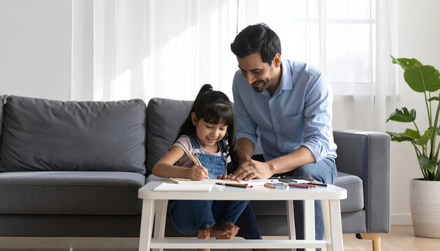 Father and young daughter drawing together in living room.