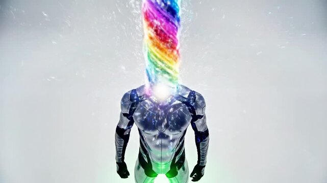 A humanoid figure with a radiant, rainbow-colored aura emanating from its head