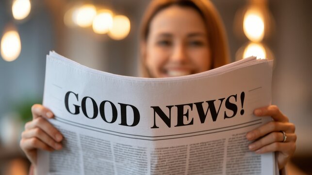 smiling woman holding  newspaper with the words Good News printed in bold black lettering on the front page