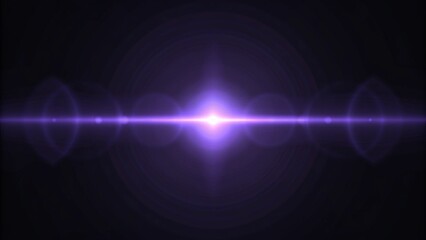 Fototapeta premium Neon purple lens flare with glowing energy core, luminous violet light burst, soft bloom illumination, circular halo effect and futuristic sci fi atmosphere on black background