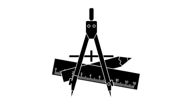 A black silhouette icon featuring a drafting compass a ruler and a pencil.