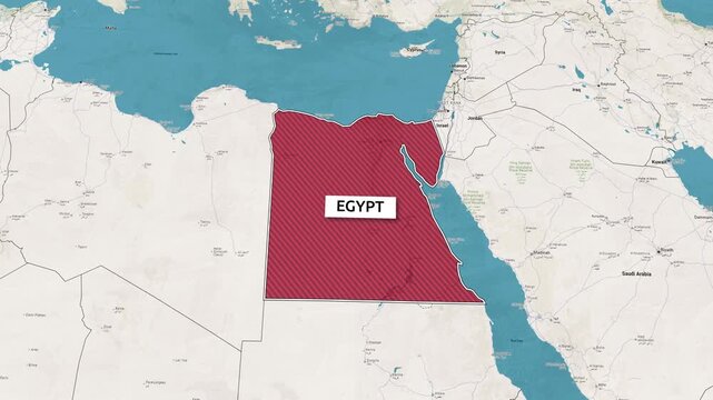 Borders of the state of Egypt on the map. Country Egypt on the map is highlighted by a polygonal border. Map animation. From above zooming in with panoramic view