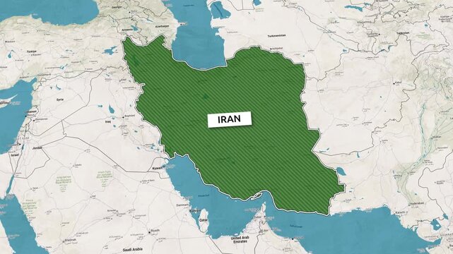 Borders of the state of  Iran on the map. Country  Iran on the map is highlighted by a polygonal border. Map animation. From above zooming in with panoramic view