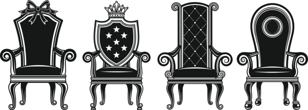 Royal throne chair silhouettes showcasing ornate decorative luxury, regal furniture artistry, and majestic seating designs for creative projects