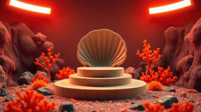Minimalist stage setup. Shell centerpiece atop tiered platforms. Red lighting, coral accents, dark cavern backdrop. Dramatic presentation.