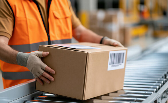 Close-up of warehouse worker hands sealing a cardboard parcel shipping box