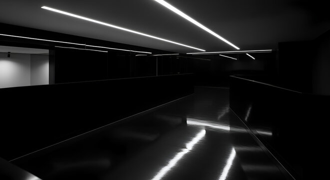 Futuristic dark corridor with sleek modern design and glowing LED ceiling lights