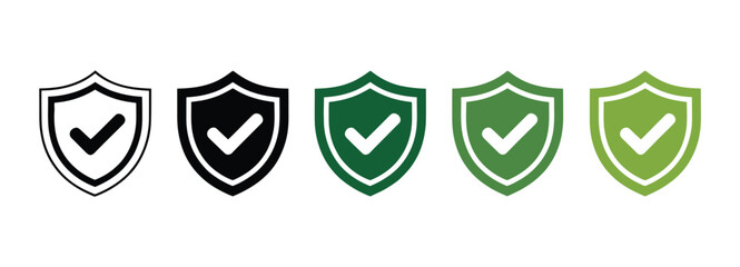 Safety shield symbols with check mark, security and protection icon set with tick mark notifications, assurance approval badge, cybersecurity confirmation and safe system interface design vector illus © AYAT002