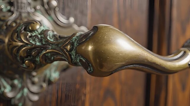 Antique Brass Door Handle Closeup on Wooden Door.