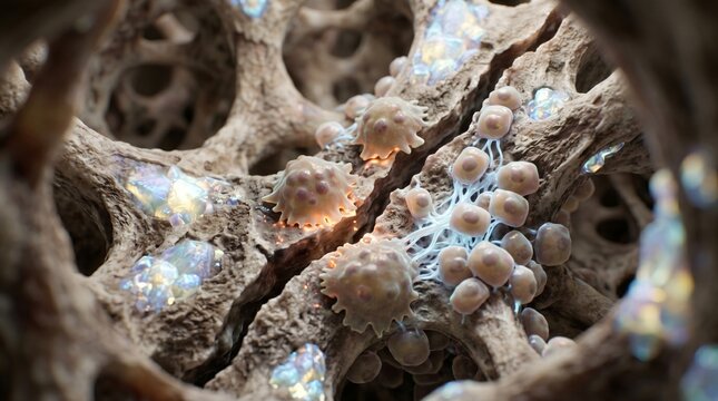 Microscopic view of bone tissue with cells and mineral crystals biology