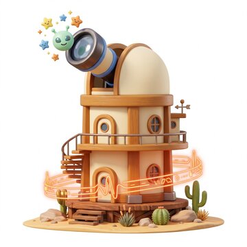 Whimsical alien observatory with a retro telescope and swirling stardust on a desert landscape, 3D render