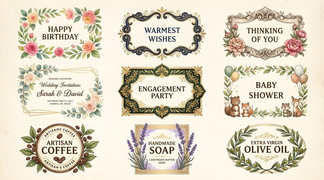 Vintage style greeting and product label collection with floral bouquets, ornate borders and whimsical animal accents, featuring birthday wishes, engagement party, baby shower, artisan coffee, handmad