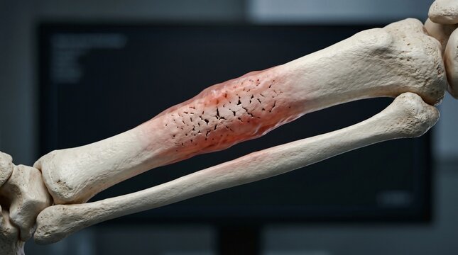 Close up of a human tibia bone exhibiting osteoporosis with porous sections and visible trabeculae