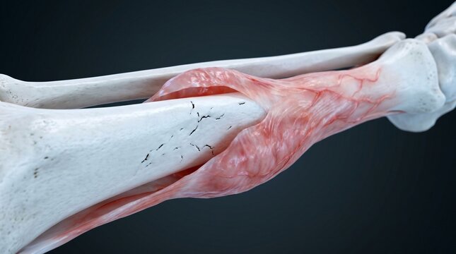 Detailed 3D illustration of human bone tissue and associated muscles showing vascularization