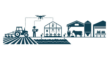 Naklejka premium Smart Farming Technology: Drone, Tractor, Greenhouse, Livestock, Harvest
