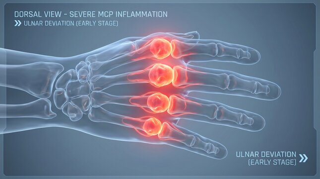 Dorsal view of a human hand skeleton showing severe MCP inflammation and early stage ulnar deviation