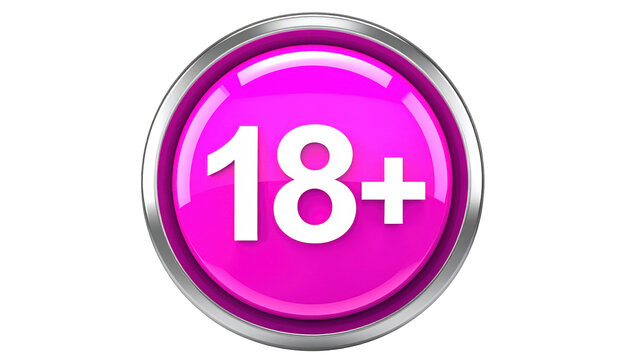 Vibrant pink circular icon featuring a prominent '18 plus' symbol, encircled by a sleek silver metallic border, universally signifying age restriction or a warning for mature content