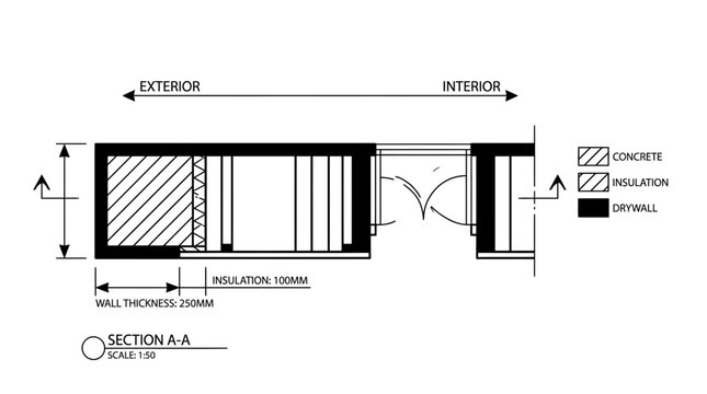 Building Section Detail: Wall Construction, Insulation, Drywall, Door