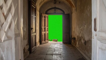 Fototapeta premium Old Hallway with Open Door to Green Screen - Mystery, Opportunity, Transformation