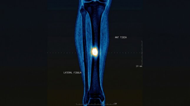 Medical imaging scan of human leg bones showing a highlighted area within the tibia