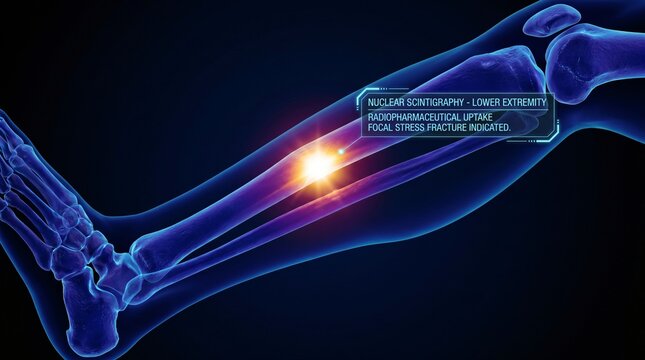 3D rendering of a lower extremity skeletal system showing a focal stress fracture indicated by nuclear scintigraphy